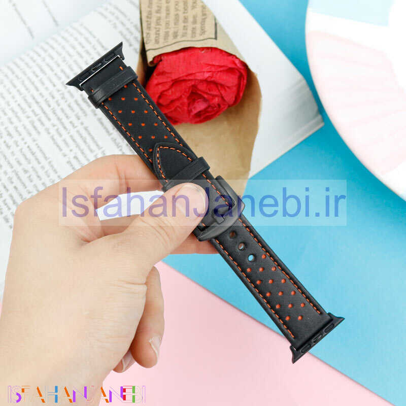 اصفهان جانبی-بند اپل واچ چرمی خالخالی 42/44mm مشکی نارنجی