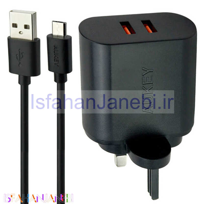 اصفهان جانبی-شارژر دیواری فست شارژ Aukey PA-T16 2Port 3A QC3 PD 36W + کابل میکرو یو اس بی
