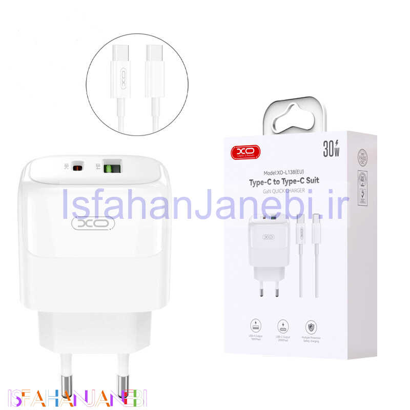 اصفهان جانبی-شارژر دیواری 30 وات ایکس او XO-L138 GaN PD 3A + کابل تبدیل تایپ سی