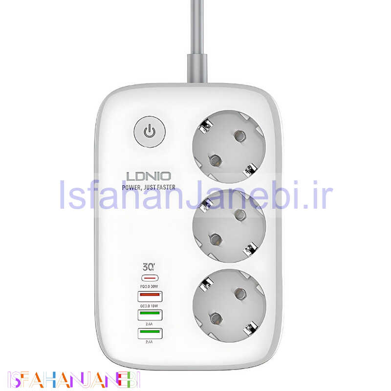 اصفهان جانبی-چند راهی 3 خانه برق ارت دار هوشمند الدینیو SEW3452 با کابل 2 متری + شارژر USB و Type-C