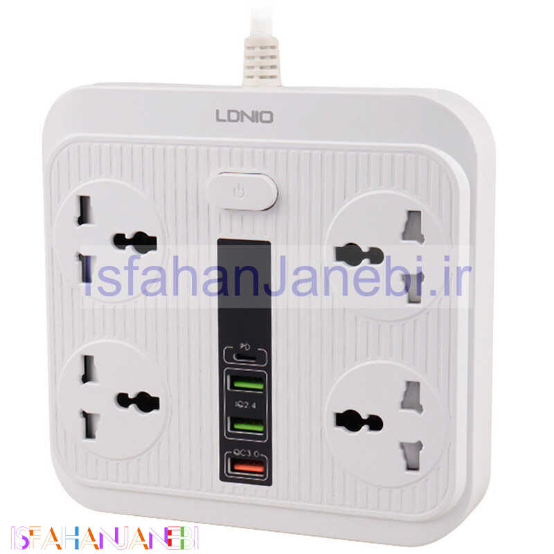 اصفهان جانبی-چند راهی 4 خانه برق ارت دار الدینیو SC-18 با کابل 2 متری + شارژر USB و Type-C