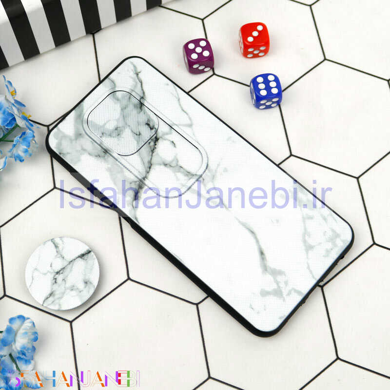 اصفهان جانبی-قاب طرحدار محافظ لنزدار کشویی + پاپ سوکت طرح سنگی سفید شیائومی Redmi Note 9s / Note 9 Pro سری C