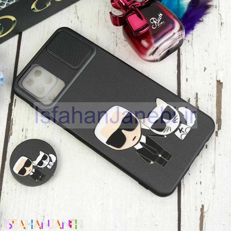 اصفهان جانبی-قاب طرحدار محافظ لنزدار کشویی + پاپ سوکت طرح Boss Cat سامسونگ A12 سری C