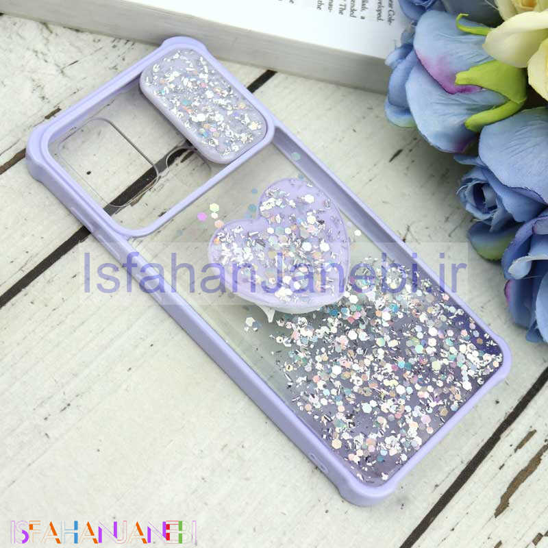 اصفهان جانبی-قاب محافظ لنزدار کشویی اکلیلی شفاف + پاپ سوکت قلبی Samsung Galaxy A21s