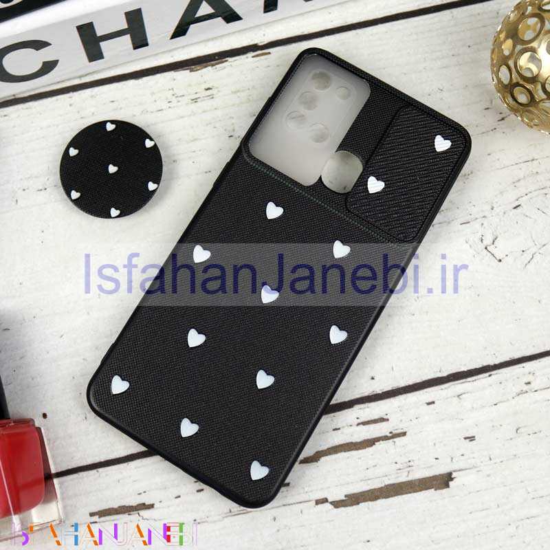 اصفهان جانبی-قاب طرحدار محافظ لنزدار کشویی + پاپ سوکت طرح قلب سفید سامسونگ A21s سری B