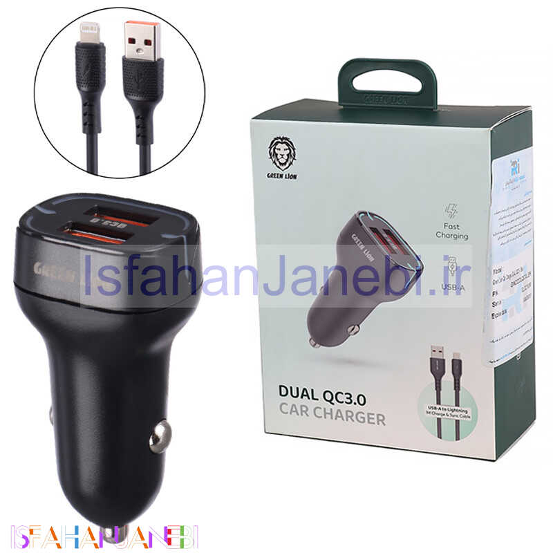 اصفهان جانبی-شارژر فندکی فست شارژ Green Lion GNCCDLQCALBK 3A QC3.0 PD 18W + کابل آیفونی
