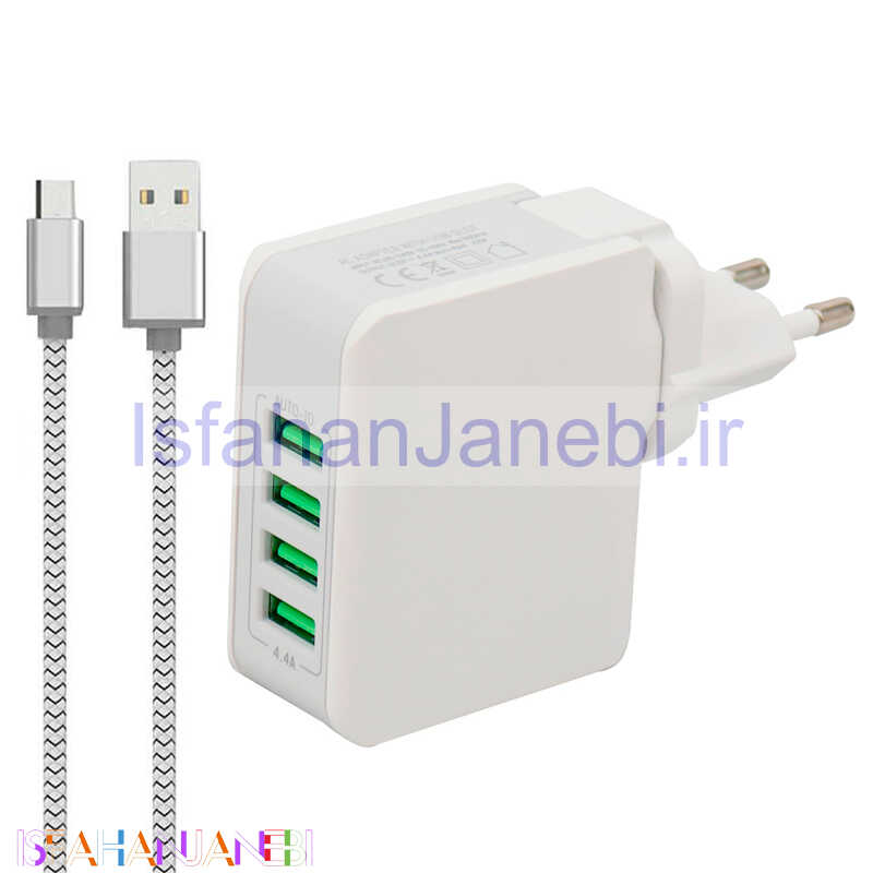 اصفهان جانبی-شارژر دیواری LDNIO A4403 4Port 4.4A 22W + کابل میکرو یو اس بی و تبدیل EU