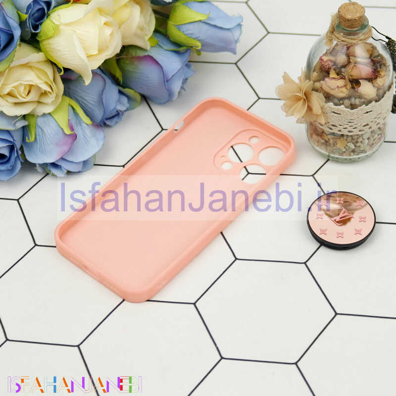 اصفهان جانبی-قاب محافظ لنزدار آینه ای + پاپ سوکت طرح LV صورتی iPhone 13 Pro