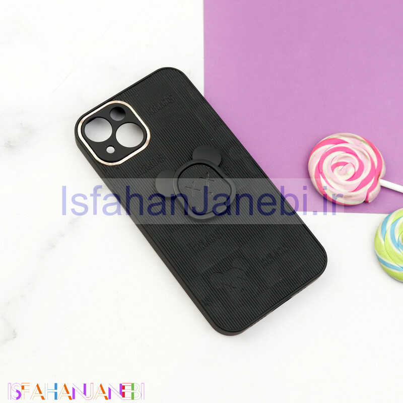 اصفهان جانبی-قاب چرمی داغی خورده Kaws محافظ لنزدار + هولدر انگشتی iPhone 13 مشکی