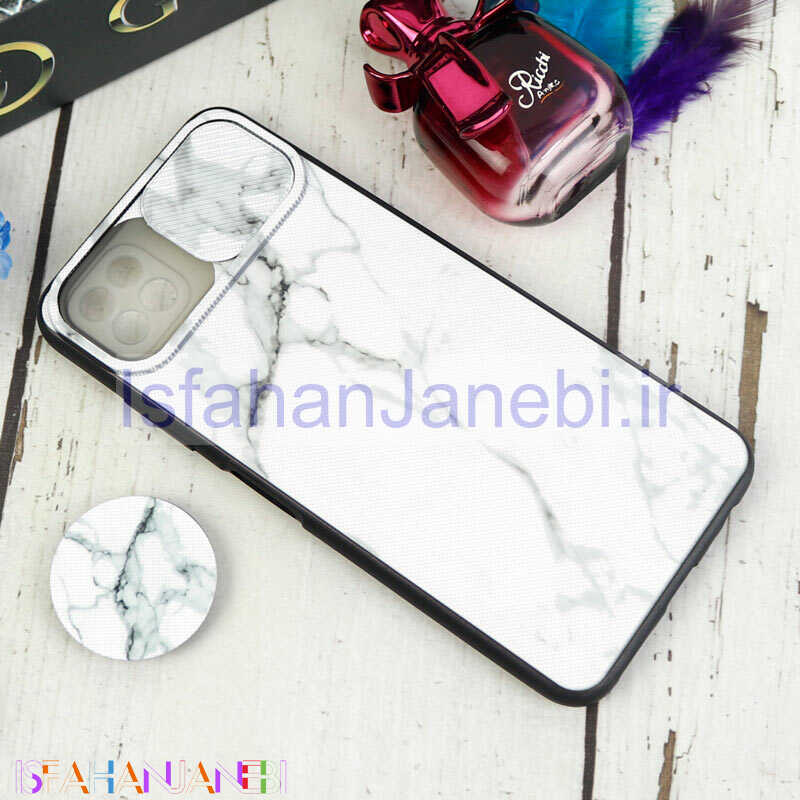اصفهان جانبی-قاب طرحدار محافظ لنزدار کشویی + پاپ سوکت طرح سنگی سفید سامسونگ A22 5G سری C