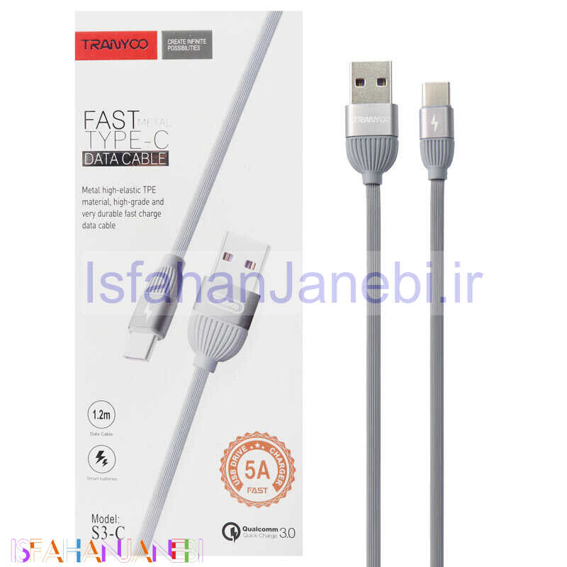 اصفهان جانبی-کابل فست شارژ Tranyoo S3-C 5A QC3 Type-C 1.2m