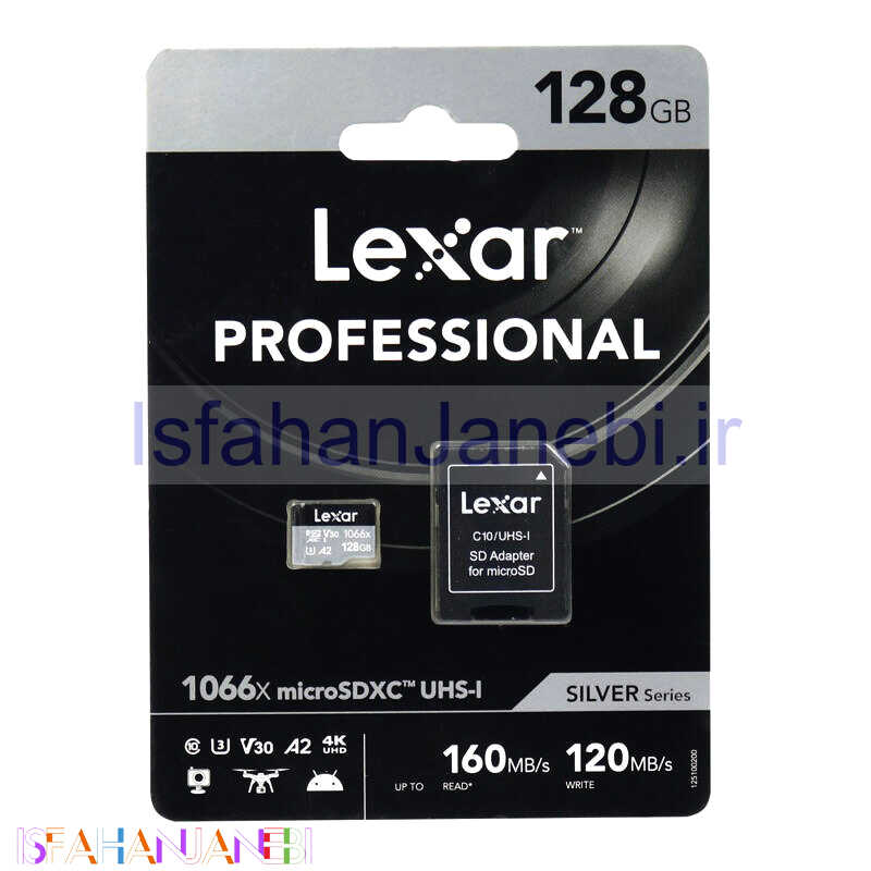 اصفهان جانبی-رم میکرو 128 گیگ لکسار Lexar Silver Series 1066X A2 V30 U3 C10 160MB/s + خشاب