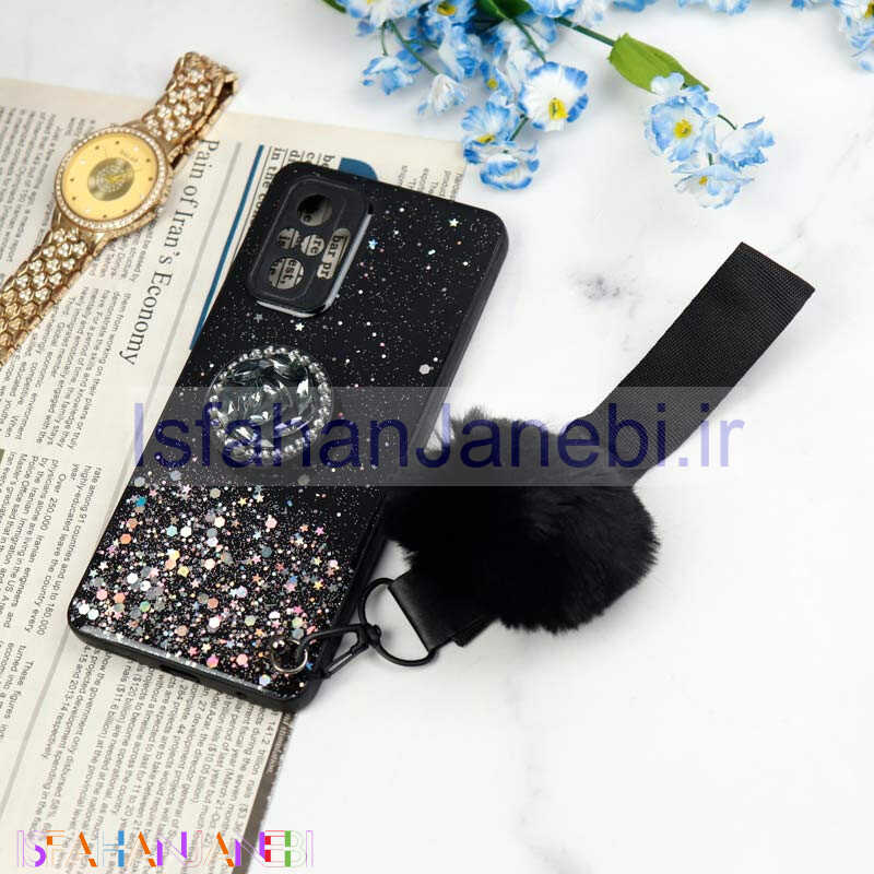 اصفهان جانبی-قاب ماربل طلایی پوم پوم دار + پاپ سوکت الماسی Xiaomi Redmi Note 10 Pro