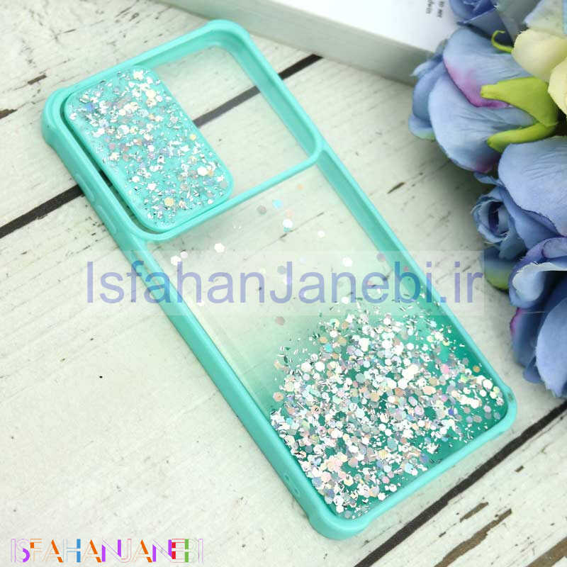 اصفهان جانبی-قاب محافظ لنزدار کشویی اکلیلی شفاف Samsung Galaxy A12 سبزآبی