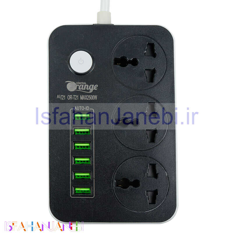 اصفهان جانبی-چند راهی 3 خانه برق اورنج Orange OR-T21 با کابل 2 متری + شارژر USB