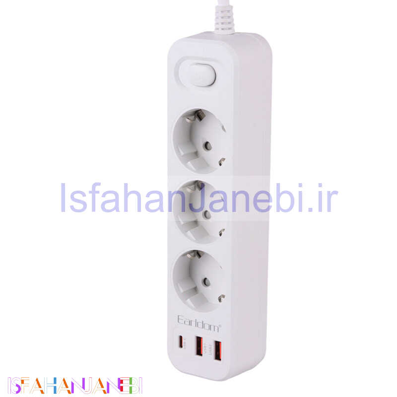 اصفهان جانبی-چند راهی ۳ خانه برق ارت دار ارلدام ES-SC13 با کابل 2 متری + شارژر USB و Type-C