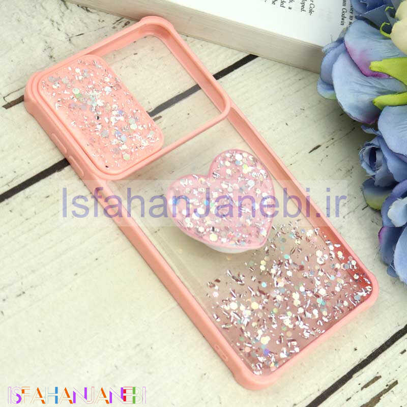 اصفهان جانبی-قاب محافظ لنزدار کشویی اکلیلی شفاف + پاپ سوکت قلبی Samsung Galaxy A12