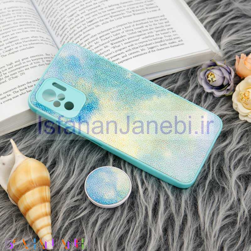 اصفهان جانبی-قاب چرمی هولوگرامی پاپ سوکت دار Xiaomi Redmi Note 10 4G سبز آبی