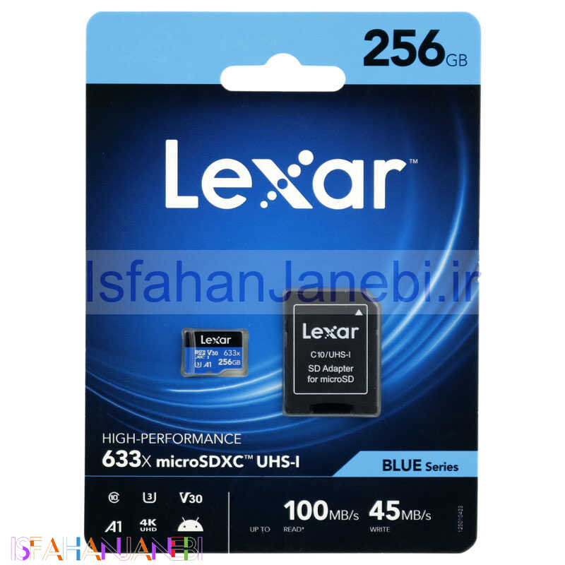 اصفهان جانبی-رم میکرو 256 گیگ لکسار Lexar Blue Series 633X A1 V30 U3 C10 100MB/s + خشاب