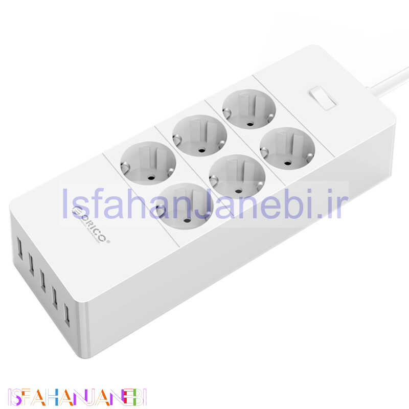 اصفهان جانبی-چند راهی 6 خانه برق ارت دار اوریکو با کابل 1٫5 متری Orico HPC-6A5U-V1-EU + شارژر USB