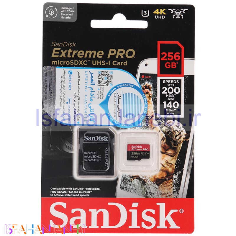 اصفهان جانبی-رم میکرو 256 گیگ سن دیسک SanDisk Extreme Pro A2 V30 U3 200MB/s + خشاب