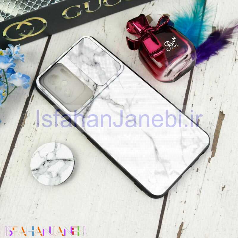 اصفهان جانبی-قاب طرحدار محافظ لنزدار کشویی + پاپ سوکت طرح سنگی سفید شیائومی Redmi Note 10 / Note 10s سری C