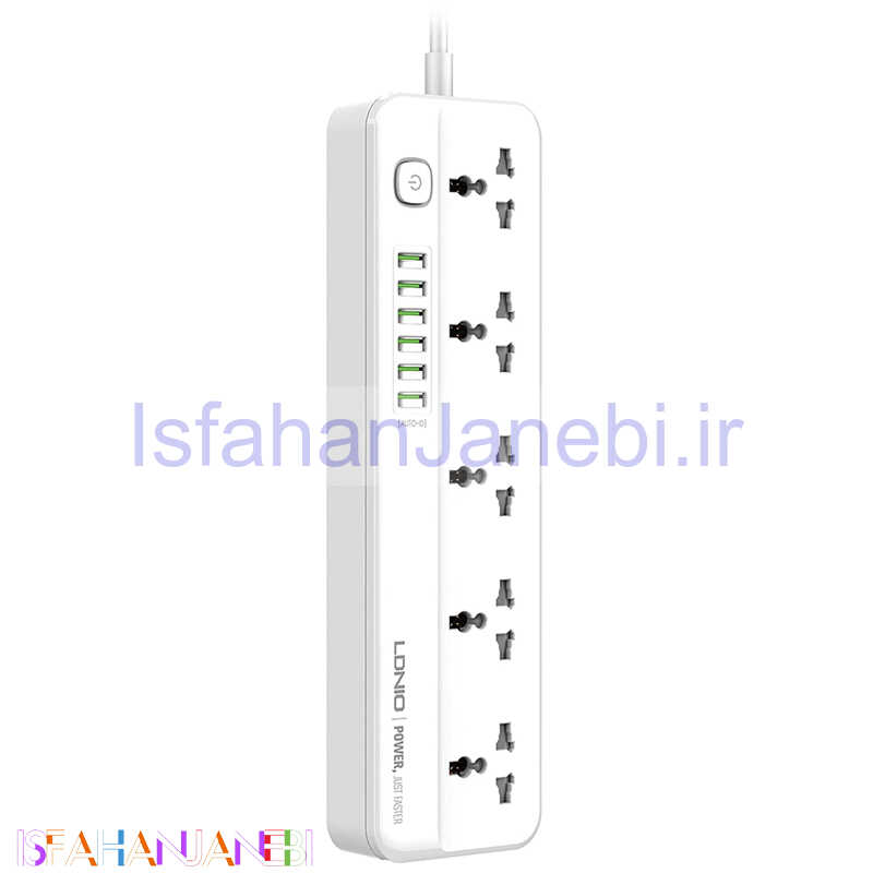 اصفهان جانبی-چند راهی 5 خانه برق ارت دار الدینیو SC5614 با کابل 2 متری + شارژر USB
