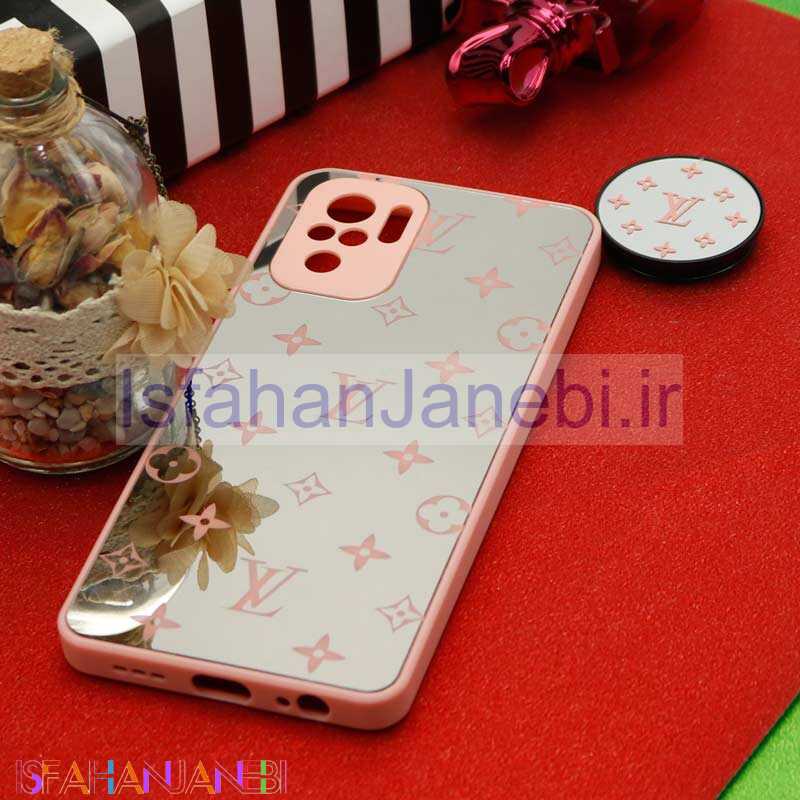 اصفهان جانبی-قاب محافظ لنزدار آینه ای + پاپ سوکت طرح LV صورتی Xiaomi Redmi Note 10