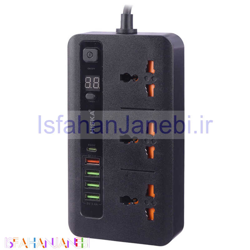 اصفهان جانبی-چند راهی 3 خانه برق ارت دار هیسکا CH-5520 با کابل 2 متری + شارژر USB و Type-C