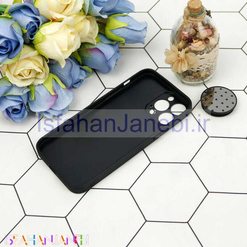 اصفهان جانبی-قاب محافظ لنزدار آینه ای + پاپ سوکت طرح قلب مشکی iPhone 13 Pro Max