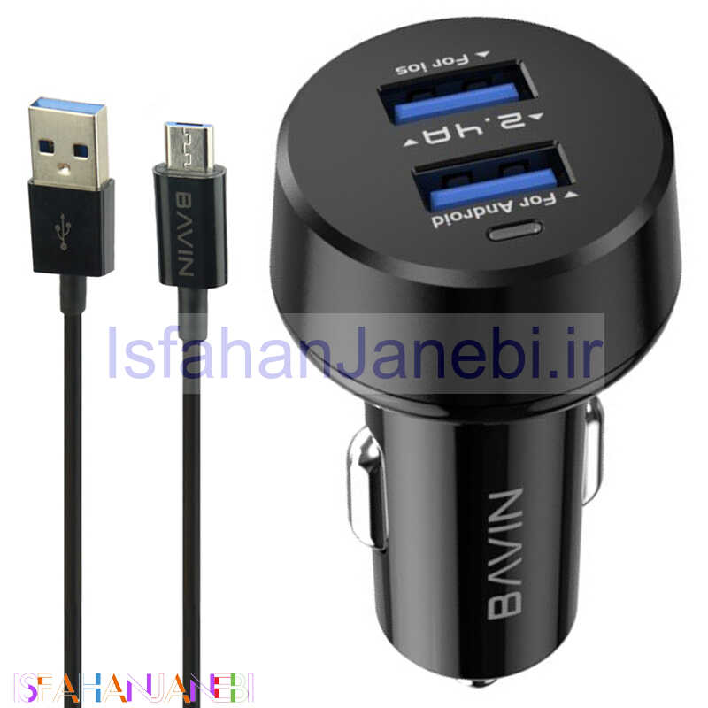 اصفهان جانبی-شارژر فندکی فست شارژ Bavin PC310 2.4A 12W + کابل میکرو یو اس بی