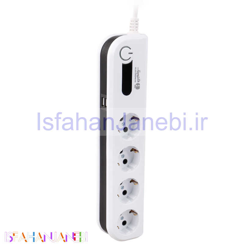 اصفهان جانبی-محافظ برق صوتی تصویری 4 خانه ارت دار الکتروپیک با کابل 2 متری PWS-04L2-Soma + شارژر USB