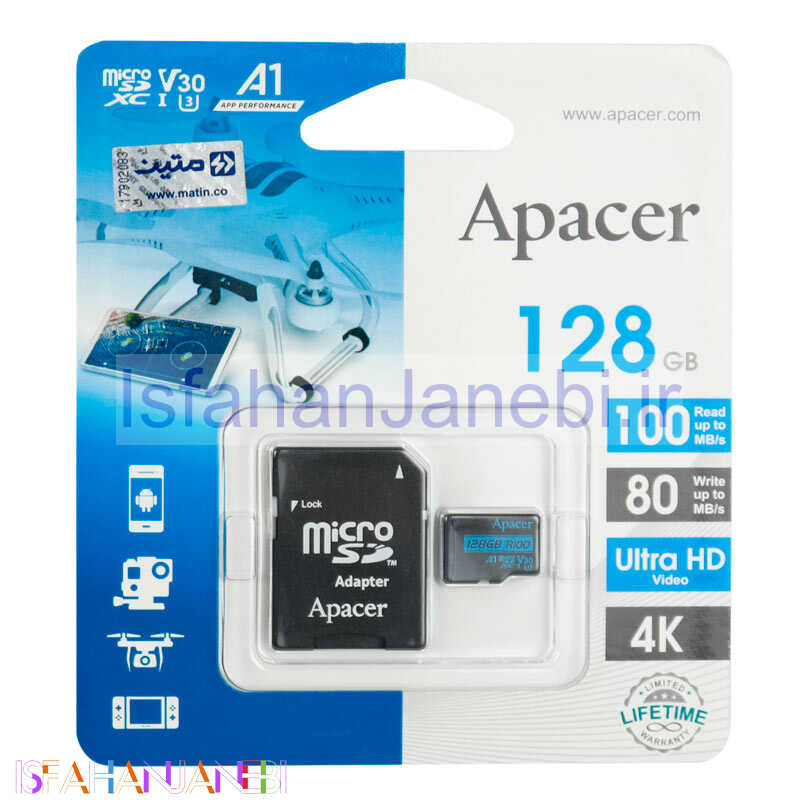 اصفهان جانبی-رم میکرو 128 گیگ اپیسر Apacer Rioo A1 V30 U3 C10 100MB/s + خشاب