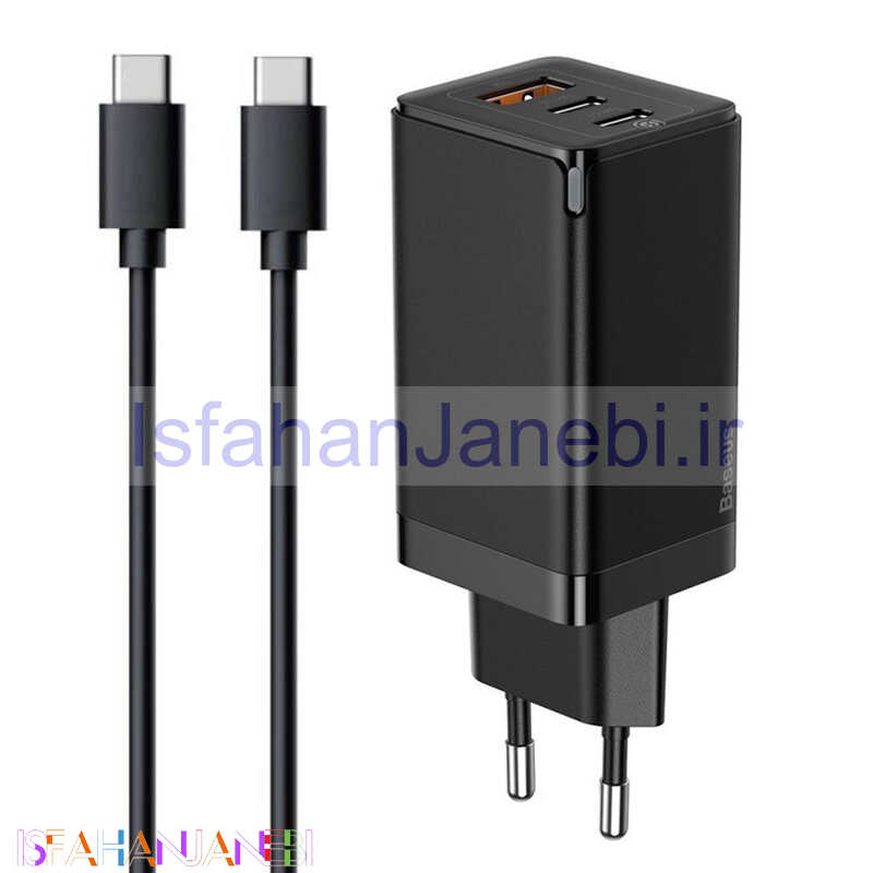 اصفهان جانبی-کلگی فست شارژ Baseus Gan2 Pro CCGAN2P-B0 3Port 3A QC4.0 PD3.0 65W + کابل تبدیل تایپ سی