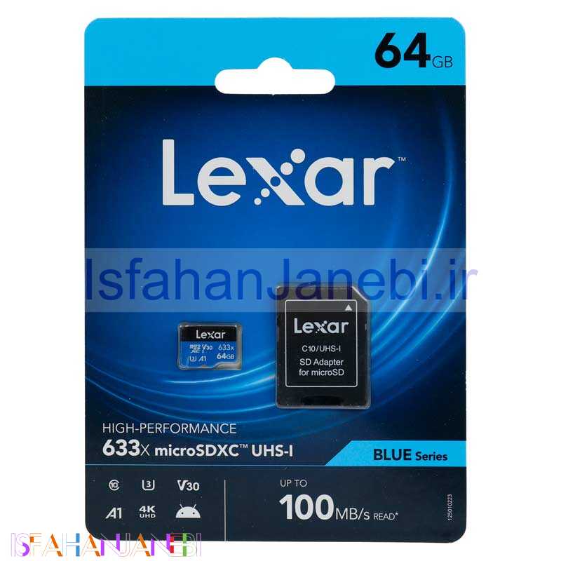 اصفهان جانبی-رم میکرو 64 گیگ لکسار Lexar Blue Series 633X A1 V30 U3 C10 100MB/s + خشاب
