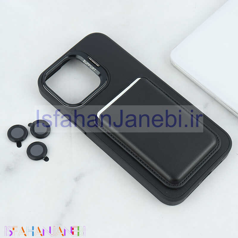 اصفهان جانبی-قاب مگ سیف Support آیفون iPhone 15 Pro Max جاکارتی دار استندشو با محافظ لنز رینگی