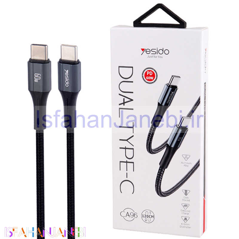 اصفهان جانبی-کابل تبدیل فست شارژ Yesido CA96 Type-C To Type-C PD 60W 1.2m
