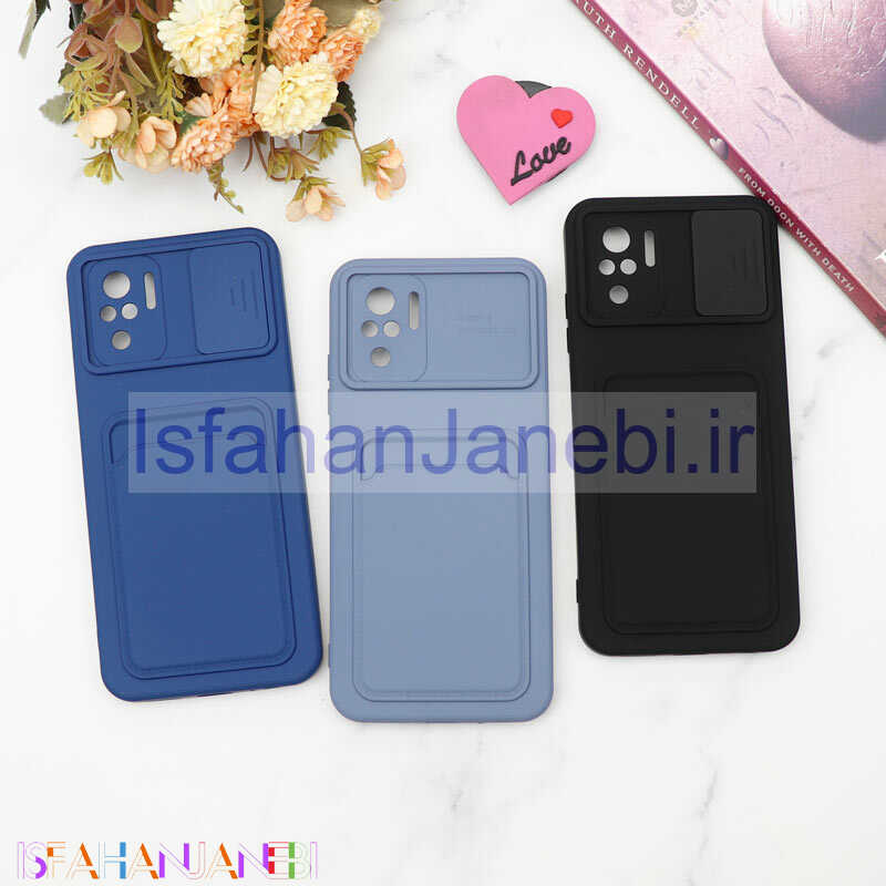 اصفهان جانبی-قاب سیلیکونی جاکارتی دار محافظ لنزکشویی Xiaomi Redmi Note 10 دارک