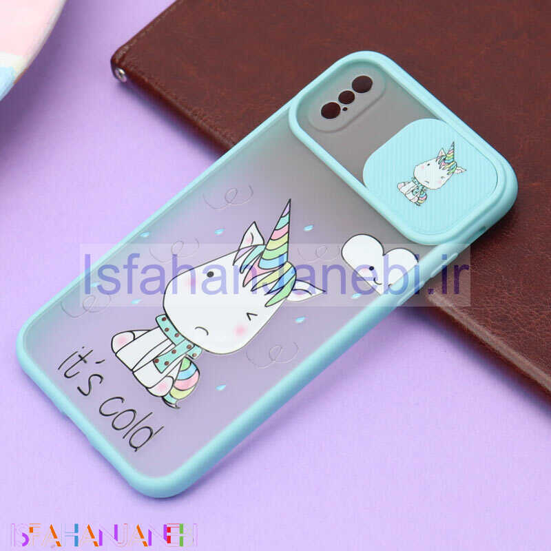 اصفهان جانبی-قاب محافظ لنز دار کشویی طرحدار سبزآبی iPhone X/XS