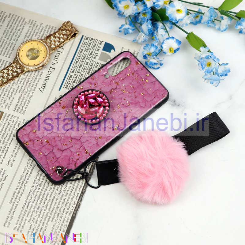 اصفهان جانبی-قاب ماربل طلایی پوم پوم دار + پاپ سوکت الماسی Samsung Galaxy A30s / A50s