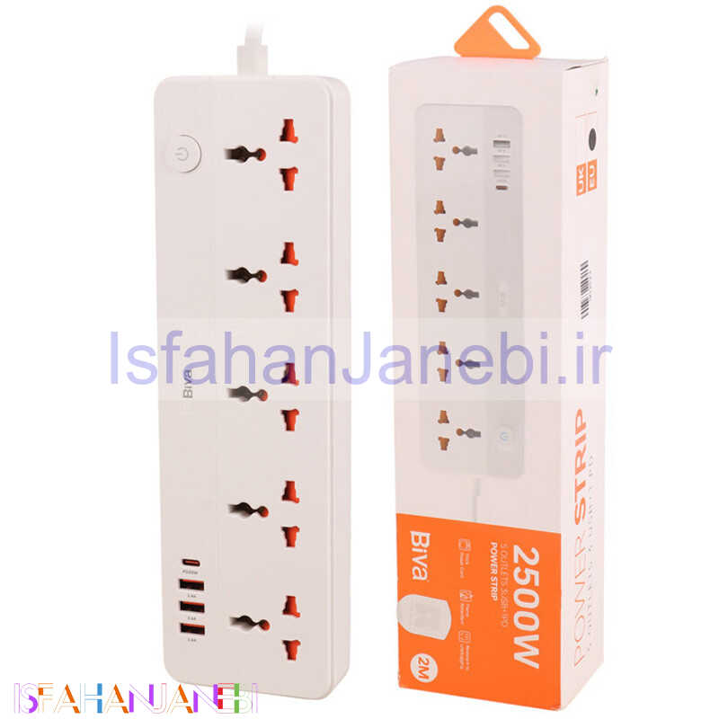 اصفهان جانبی-چند راهی 5 خانه برق بیوا PS-06 با کابل 2 متری + شارژر USB و Type-C