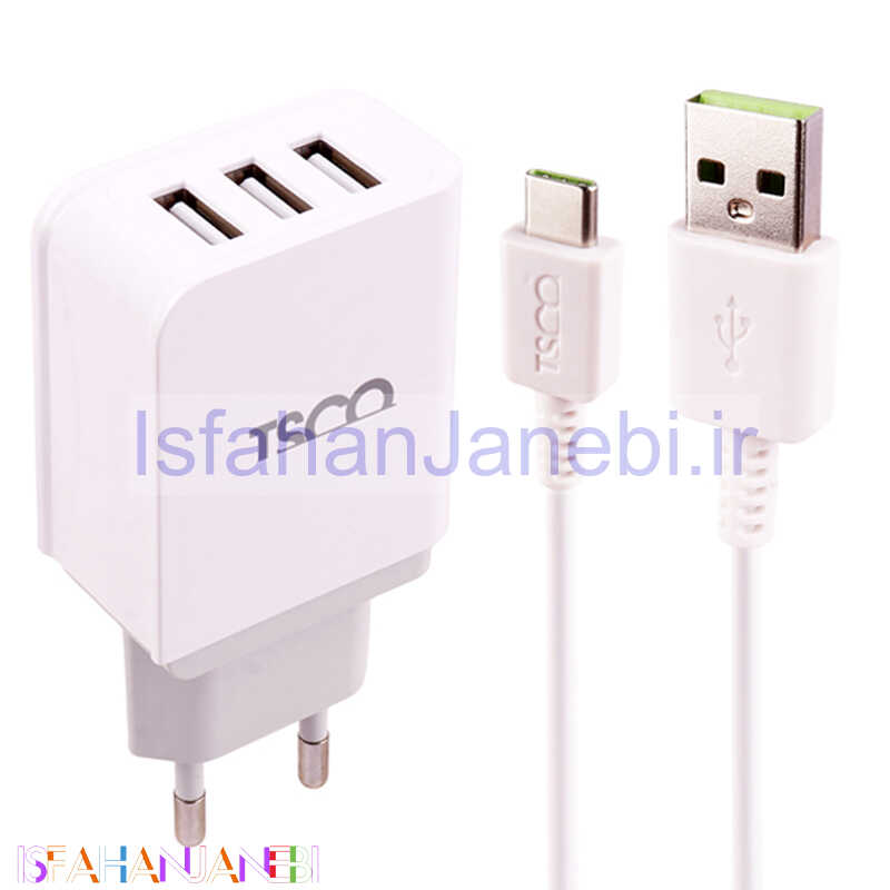 اصفهان جانبی-شارژر دیواری TSCO TTC 59 3Port 3.1A 15.5W + کابل تایپ سی