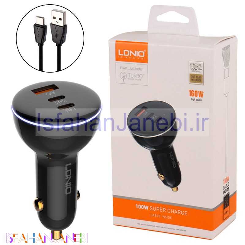 اصفهان جانبی-شارژر فندکی فست شارژ Ldnio C102 5A QC3.0 PD 100W + کابل تایپ سی
