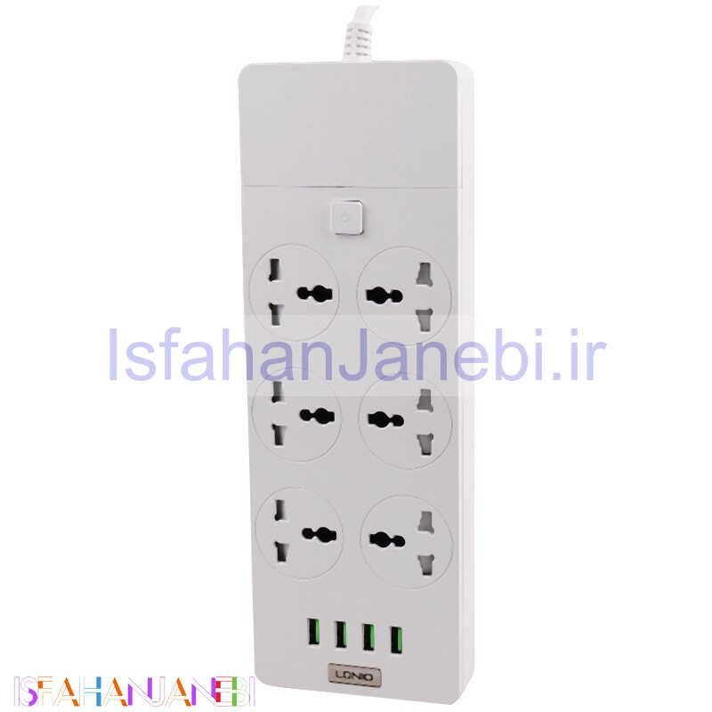 اصفهان جانبی-چند راهی 6 خانه برق ارت دار الدینیو SC-12 با کابل 2 متری + شارژر USB