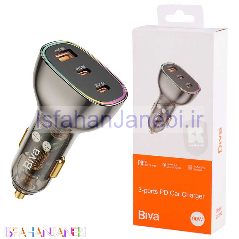 اصفهان جانبی-شارژر فندکی فست شارژ Biva CC-012 3A QC3.0 PD 90W