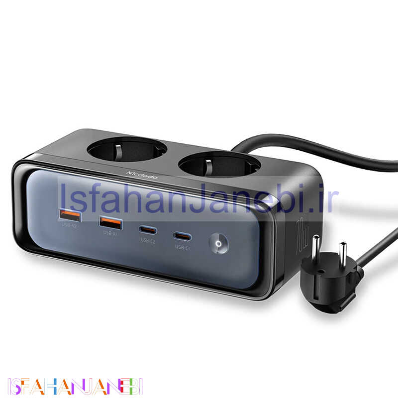 اصفهان جانبی-چند راهی 2 خانه برق ارت دار مک دودو CH-461 با کابل 1.5 متری + شارژر USB و Type-C