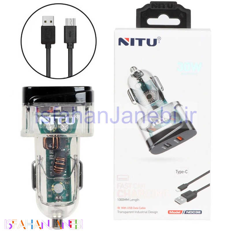 اصفهان جانبی-شارژر فندکی فست شارژ Nitu NDC32 3A QC3.0 PD 18W + کابل تایپ سی