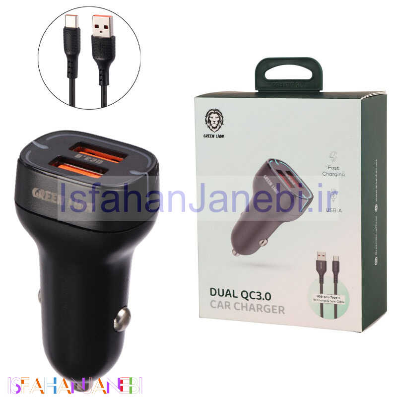 اصفهان جانبی-شارژر فندکی فست شارژ Green Lion GNCCDLQCACBK 3A QC3.0 PD 18W + کابل تایپ سی