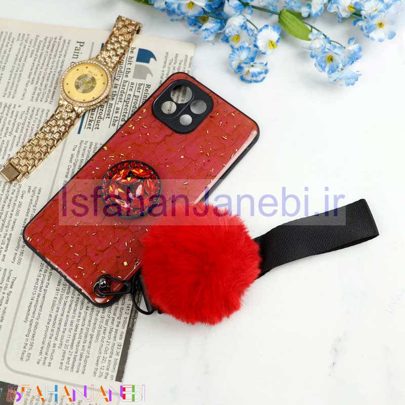 اصفهان جانبی-قاب ماربل طلایی پوم پوم دار + پاپ سوکت الماسی Xiaomi Mi 11 Lite