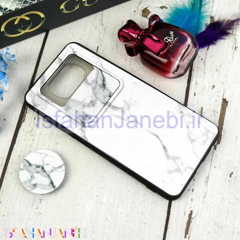 اصفهان جانبی-قاب طرحدار محافظ لنزدار کشویی + پاپ سوکت طرح سنگی سفید شیائومی Poco X3 سری C
